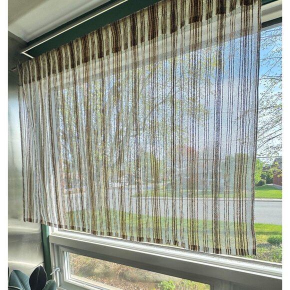Vintage 70s curtains, beige, brown, tan, blue stripes, rod header, pair - Picture 9 of 10